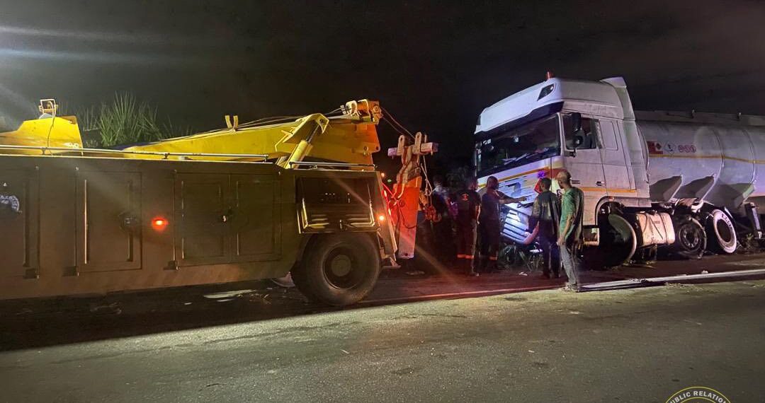 A diesel tanker veers off the road at Asuboi after a tyre burst