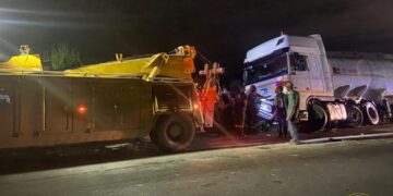 A diesel tanker veers off the road at Asuboi after a tyre burst
