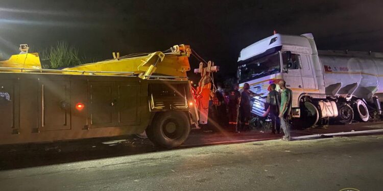 A diesel tanker veers off the road at Asuboi after a tyre burst