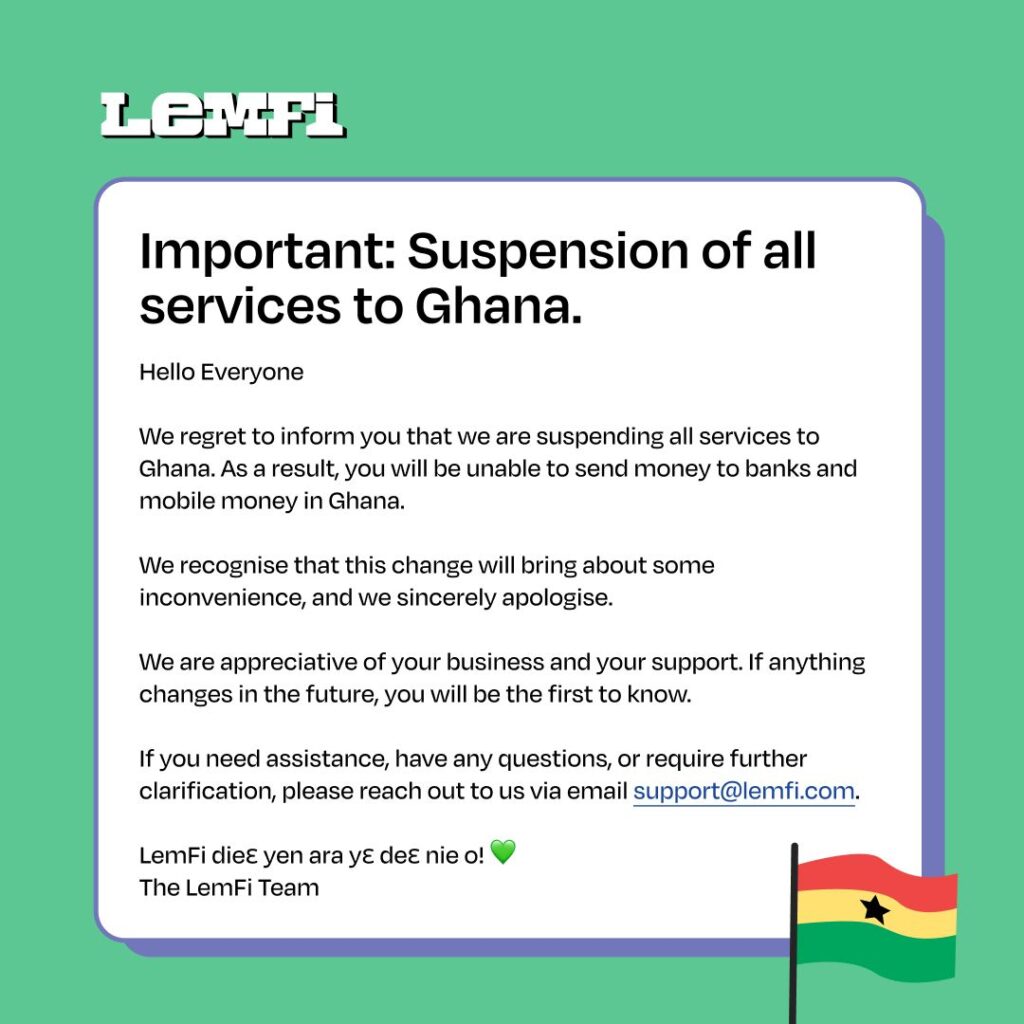 Lemfi suspends operations in Ghana