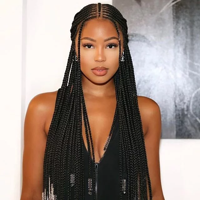 Cleopatra cornrows with braided straight-back part 