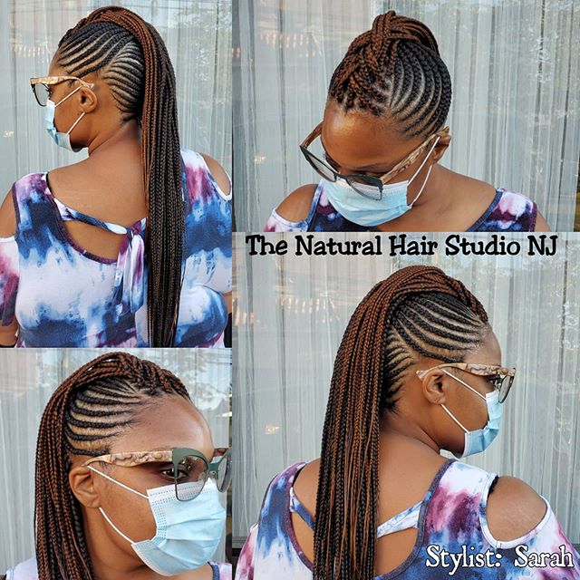 Miniature cornrows with loosely braided Mohawk braids