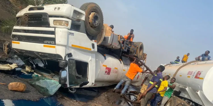 GNFS clears overturned diesel truck on Tema-Aflao road