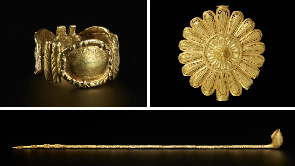 A gold model harp (top left) was given to the British Museum in the early 19th Century. But the gold torc (right) and sword of state were among the looted artefacts