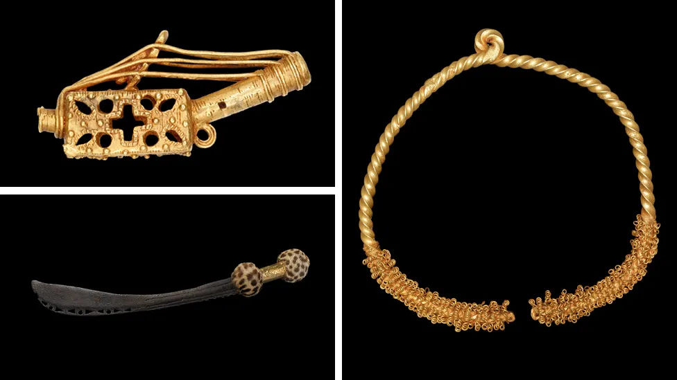 The V&A is lending 17 items including an Asante gold ring (top left), a gold badge worn by the king's "soul washer" and a ceremonial pipe