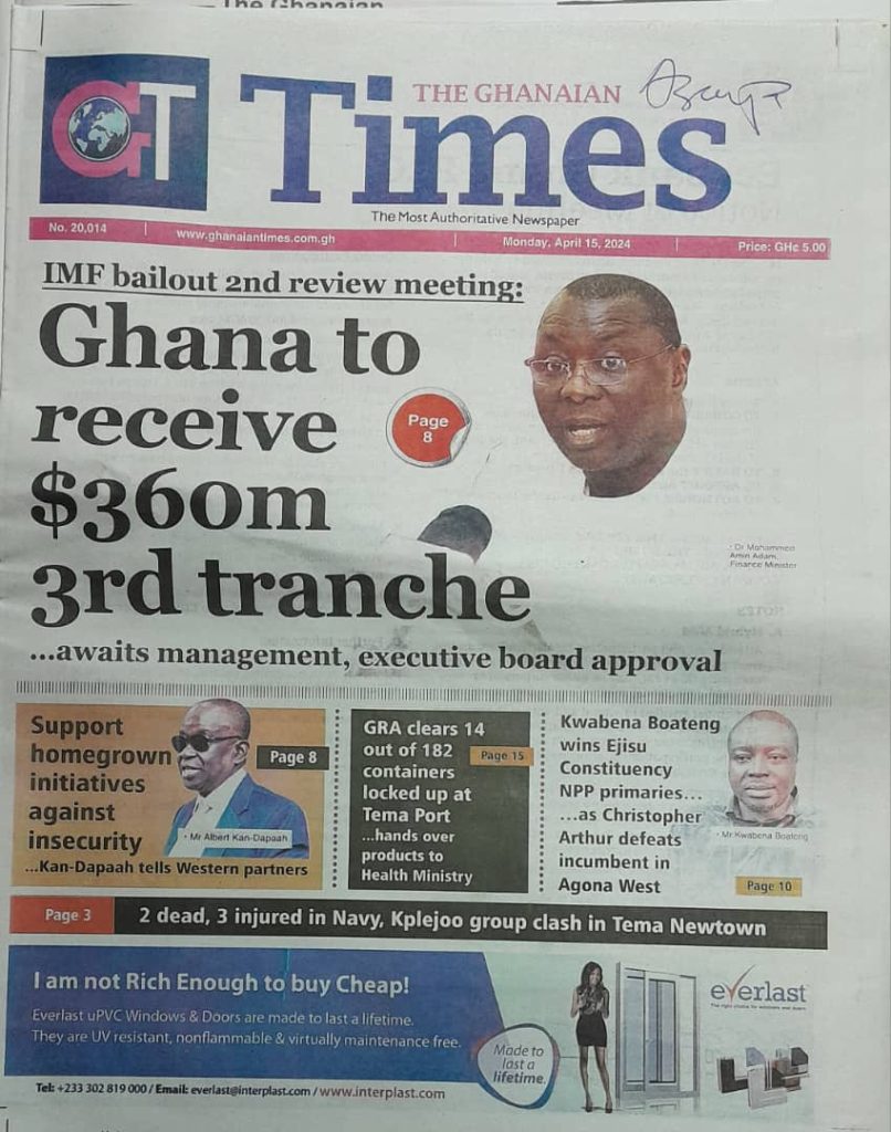 Ghanaian Times Newspaper- April 15, 2024
