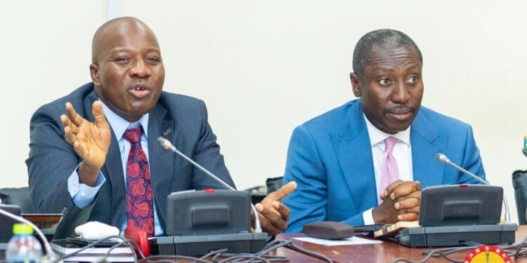 Officials at a press conference or formal briefing